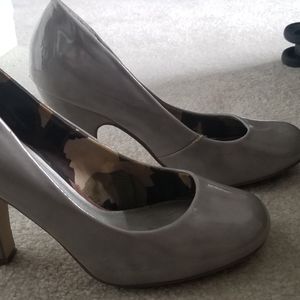 Gray closed toe patent leather heels
